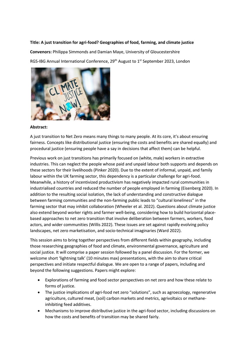 PippaSim's tweet photo. Call for papers 🙌🌍🌱🐑
A just transition for agri-food? Geographies of food, farming, and climate justice. @DamianMaye and I are convening a session with ⚡️ talks and a panel. Deadline 10th March 🗓️
Email philippasimmonds@connect.glos.ac.uk https://t.co/GqhaU86bsC