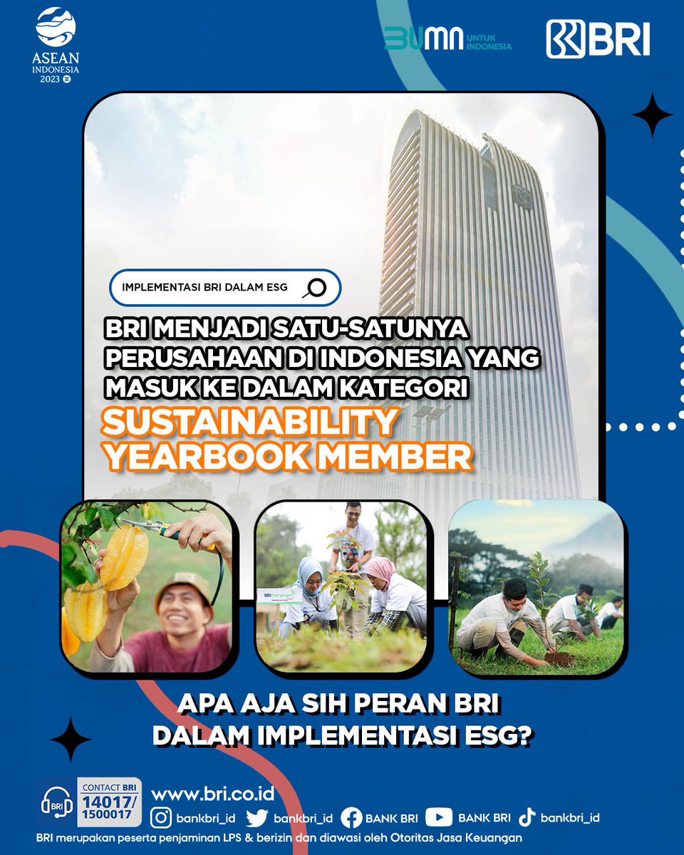 BANKBRI_ID's tweet photo. Hai Sobat BRI!, BRI terus konsisten dalam menjalankan bisnis berkelanjutan yang terbentuk dalam implementasi ESG. https://t.co/L8Qs6uS728