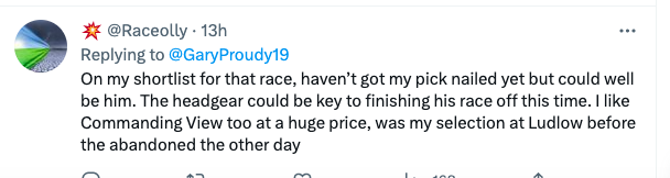 Tip_Advisor1's tweet photo. Really? You watch a horse run well in defeat, you see headgear added, it might help him get home, yet you ignore it and go for a horse thats run poorly in its only two starts to date.
The diff?
One is 10-1 #Donnacha, the other is 50-1 #CommandingView
@raceolly -this is desperate. https://t.co/WWPyBXOuAl