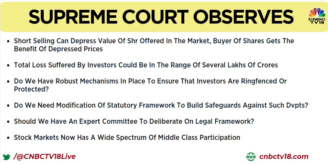 CNBCTV18Live's tweet image. Supreme Court (#SC) Observes: #Stock markets move in sentiments, don't want to make #statements that may spook markets

◼️This seems to be a product of #short selling, probably SEBI is investigating, not planning a witch-hunt on SEBI