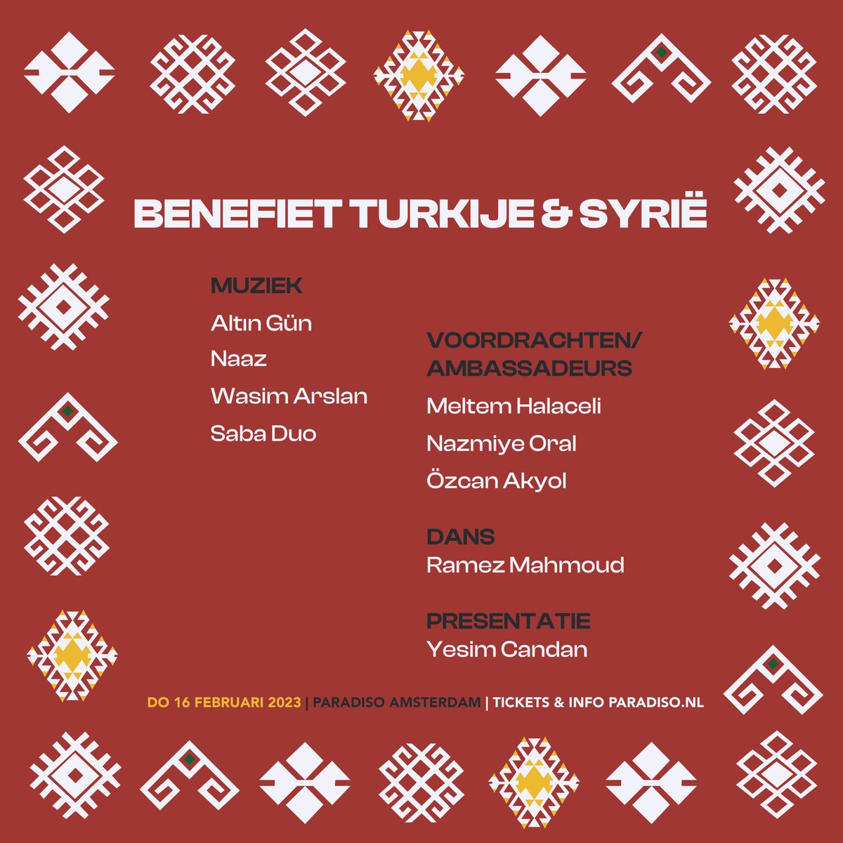 We're organizing a fundraiser to help victims of the earthquake in Turkey and Syria on Thursday 16th of February <a href="/ParadisoAdam/">Paradiso Amsterdam</a>, collected funds will go to <a href="/Giro555/">Giro555</a> to provide immediate aid such as medical care, food, and shelter.