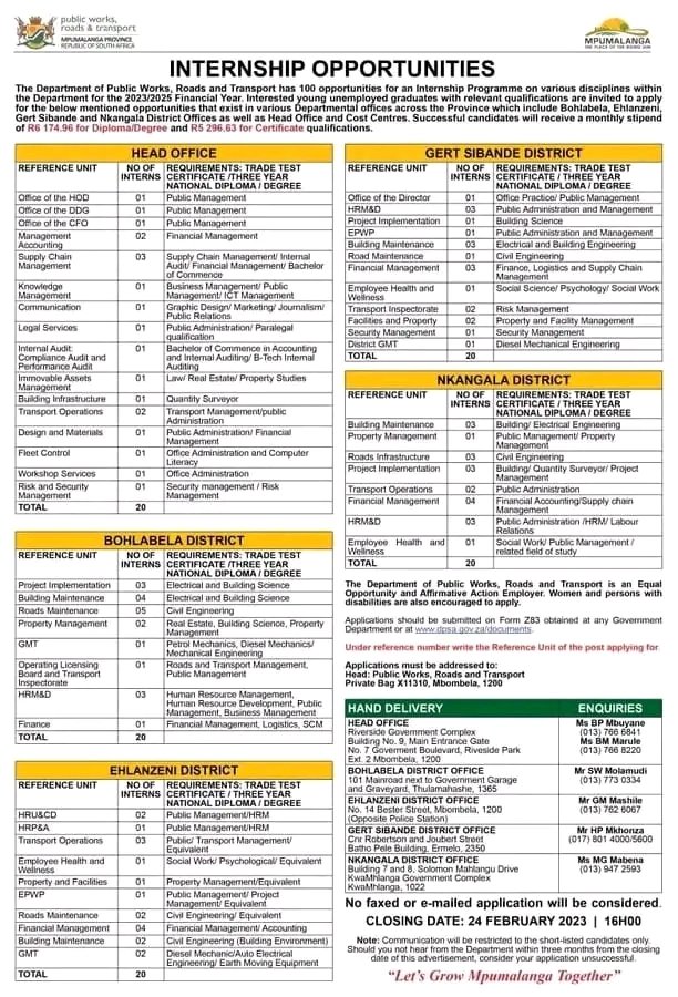 JobswithZee's tweet photo. Mpumalanga Department of Public Works, Roads &amp; Transport

📌Internship Opportunities

Closing Date 24 February 2023 https://t.co/anbZVYB2VE