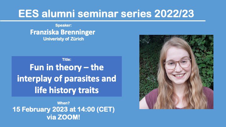 👇👇👇@EESLMU1 alumni seminar 👇👇👇👇continues with @fbrenninger from the University of Zürich. With a great talk: „Fun in theory-the interplay of parasites and life history traits“. When? Feb 15th at 14:00 CET. If you want to join the seminar via zoom please dm.