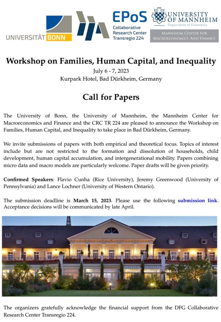 Effrosyni (Efi) Adamopoulou (@efiadamopoulou) on Twitter photo Cfp for the workshop on #families #humancapital and #inequality to take place in en.m.wikipedia.org/wiki/Bad_D%C3%… on July 6-7. <a href="/AnneHannusch/">Anne Hannusch</a> <a href="/KopeckyEcon/">Karen Kopecky</a> <a href="/TertiltMichele/">Michele Tertilt</a> <a href="/hanna_schwank/">Hanna Schwank</a> and I are looking forward to receiving your papers by March 15 Submission link👇
forms.gle/SyQ7h3PWzF65eF… Cfp for the workshop on #families #humancapital and #inequality to take place in en.m.wikipedia.org/wiki/Bad_D%C3%… on July 6-7. <a href="/AnneHannusch/">Anne Hannusch</a> <a href="/KopeckyEcon/">Karen Kopecky</a> <a href="/TertiltMichele/">Michele Tertilt</a> <a href="/hanna_schwank/">Hanna Schwank</a> and I are looking forward to receiving your papers by March 15 Submission link👇
forms.gle/SyQ7h3PWzF65eF…