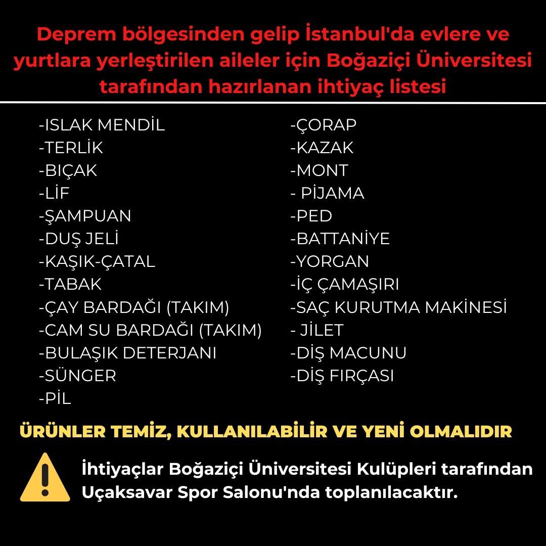 Mericada3's tweet photo. DEPREM BÖLGESİNDEN GELİP İSTANBUL'DA EVLERE VE YURTLARA YERLEŞTİRİLEN AİLELER İÇİN BOĞAZİÇİ ÜNİVERSİTESİ'NİN İHTİYAÇ LİSTESİ

YARDIMLAR UÇAKSAVAR SPOR SALONUNDA TOPLANACAK https://t.co/X3yzdHvy1q