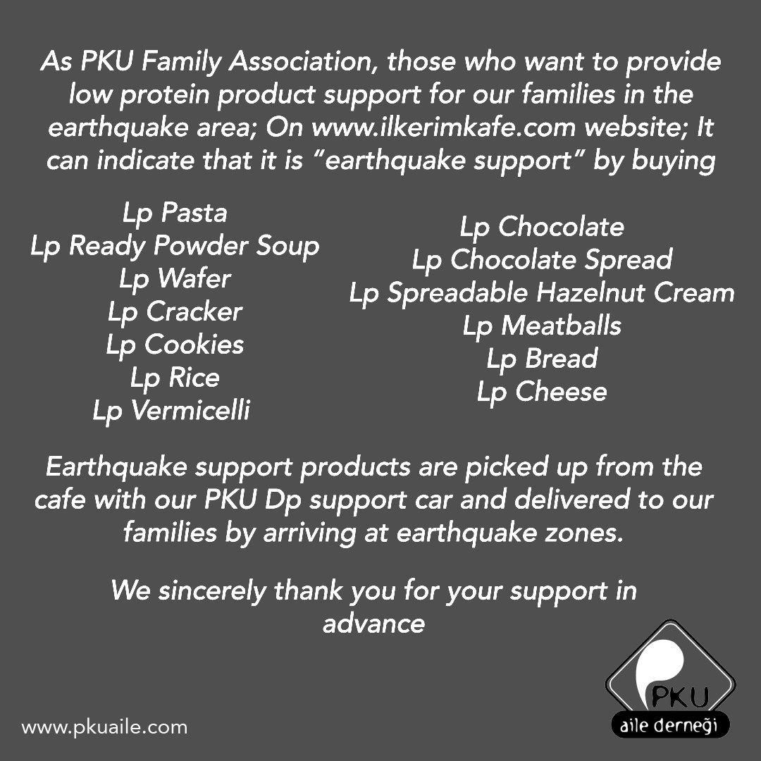 Earthquake support products are picked up from the cafe with our PKU Dp support car and delivered to our families by arriving at earthquake zones.

We sincerely thank you for your support in advance 🙏

❤️🤍💙

#Earthquake #earthquake #phenylketonuria