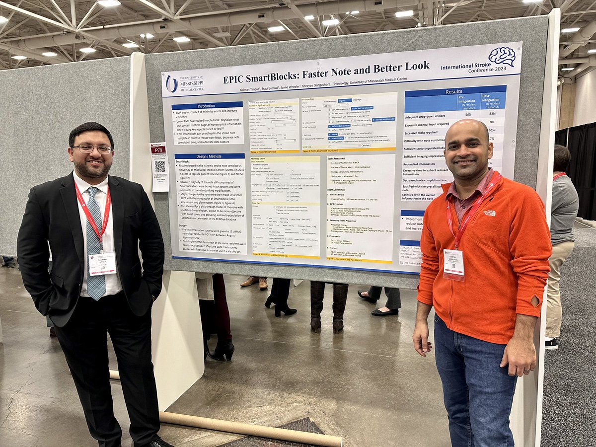 Dr. Salman Tarique, PGY4, with Dr. Shreyas Gangadhara at the International Stroke Conference in Dallas. Dr. Tarique presented his project that automated data capture and improved end user experience in note writing. #ISC2023