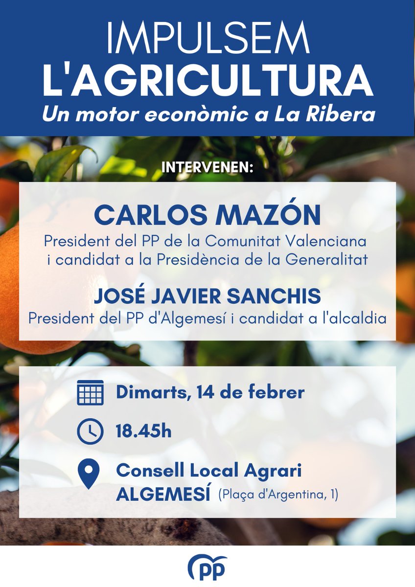 🍊 IMPULSEM L'AGRICULTURA

El proper dimarts amb @CarlosMazon40 i <a href="/jjsanchisb/">José Javier Sanchis</a>. #parauladalcalde