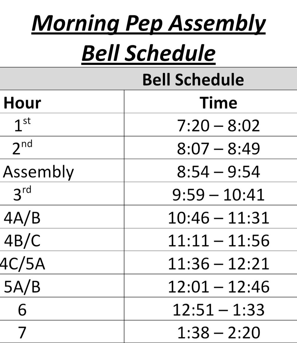 Good morning Spartan Nation! Here is a copy of your Pep Assembly bell schedule.