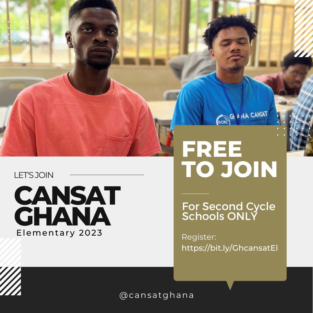 CansatGhana's tweet photo. Ghana CanSat / Rocketry Championship
𝐄𝐥𝐞𝐦𝐞𝐧𝐭𝐚𝐫𝐲 𝐂𝐚𝐦𝐩𝐚𝐢𝐠𝐧 #2023ready
𝐅𝐫𝐞𝐞 𝐑𝐞𝐠𝐢𝐬𝐭𝐫𝐚𝐭𝐢𝐨𝐧 👇🏼👇🏼👇🏼👇🏼
https://t.co/GvVlZHUhoK
#gcrc #elementaryeducation #cansatghana #weareready #ghana #africa #satellitesystems https://t.co/zsRHqAL7V7