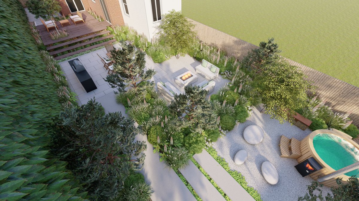 gdesignerjames's tweet photo. Been a while since I have shared a post that showcases the whole garden.

In this visual you can see how we have knitted the different spaces together with interlocking shapes. This helps create better links and flow throughout the garden. https://t.co/F4hJR9jWTo