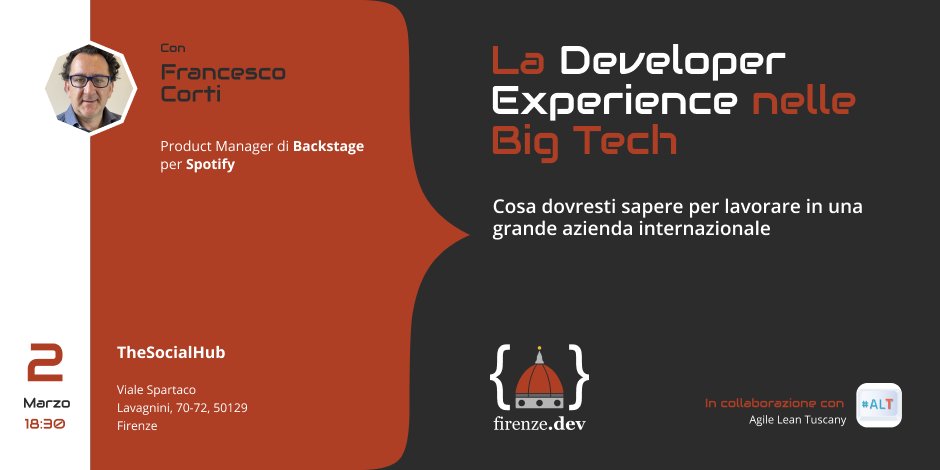 📢 Con molto piacere annunciamo il prossimo evento della community: La developer experience nelle Big Tech
🗣️ Spekaker: Francesco Corti, Product Manager di Backstage per Spotify
📍 Camplus Firenze, Via del Romito 5-7 Firenze
📅 2 marzo alle ore 18:30
#community #firenzedev