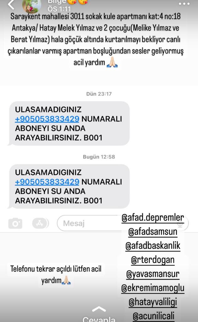 Yardim edinn... 10 Şubat Guncel bilgi lutfen yardim edin telefon gunler sonra acildi...
 Hatay/Antakya 
Saraykent mah. 3011 sokak Kule Apartmanı
 #AFADTurkiye #afad.depremler
#deprem #hatayantakya #AFADhatay
