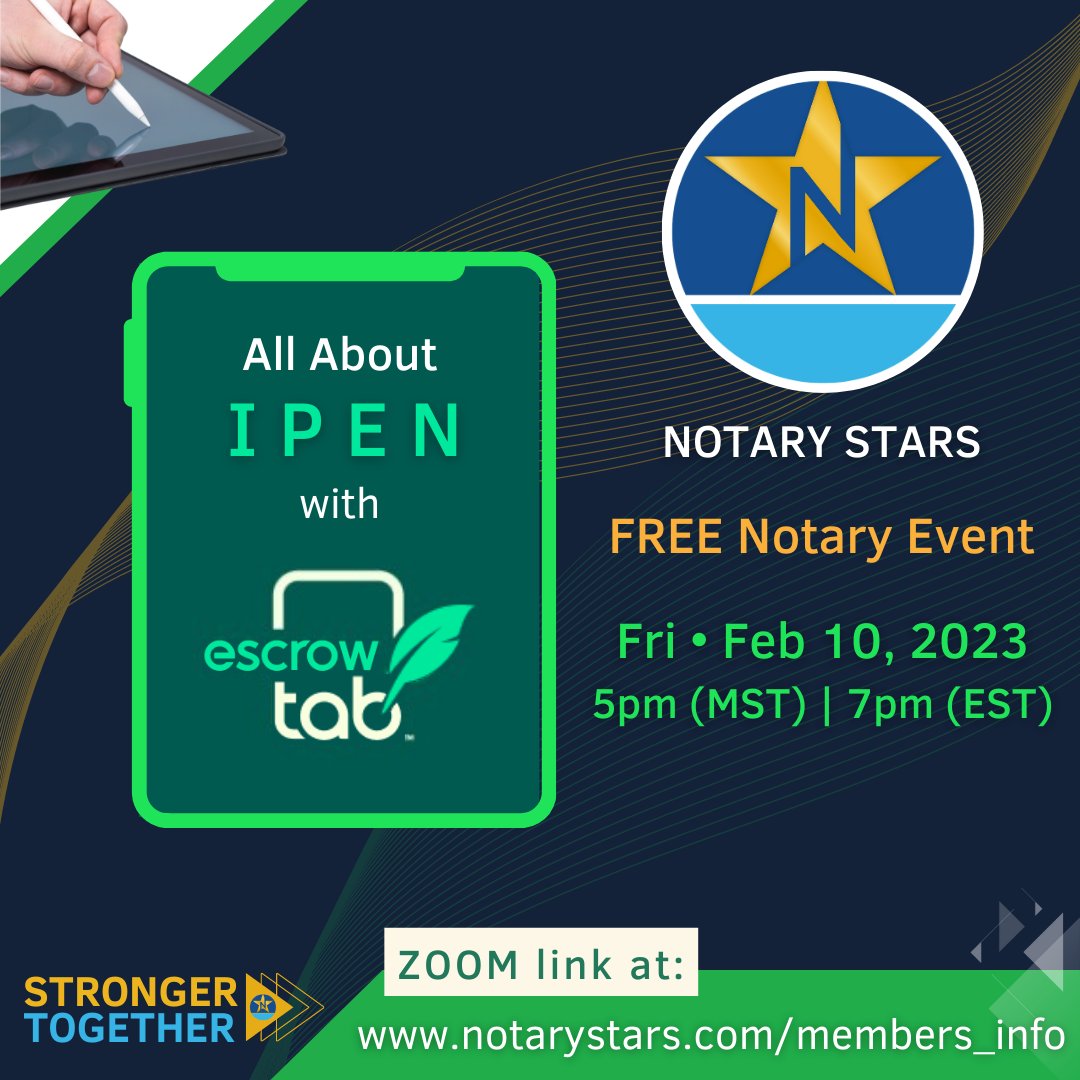 NotaryStars's tweet photo. Join us #live at 4pm PST | 7pm EST as we sit down with Escrow Tab and discuss IPEN. #Zoom in and ask your questions!  https://t.co/nWyhD56IzK

#escrow #notary #EscrowLife #NationalNotary #NotaryTraining #loansigningagent #notarypublic #realestate https://t.co/RfE97YgwnS