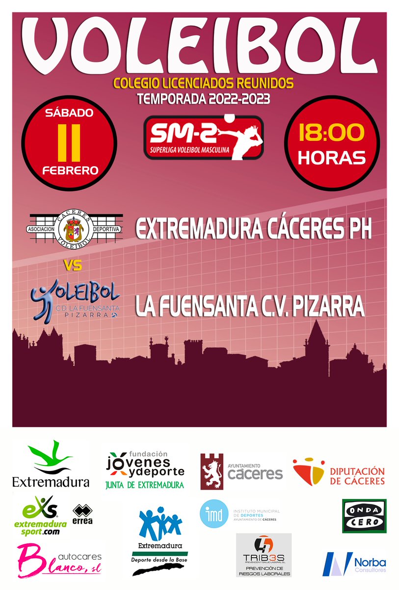 Vuelve la Superliga2 de voleibol, mañana sábado a las 18:00 horas en el Colegio Licenciados Reunidos de Cáceres, muchas gracias a la dirección del centro por cedernos sus instalaciones, frente a La Fuensanta C.V. Pizarra.. OS ESPERAMOS A TODOS!!!!!