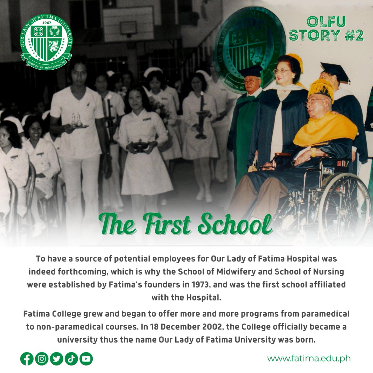 fatimaphoenix's tweet photo. From being a College that mainly offered allied health programs to becoming a University with diverse courses, OLFU is truly moving towards one direction—to the top! 💚

#OLFU #OLFUAmazing6At56 #OLFUStories https://t.co/0VXG3EEBt8