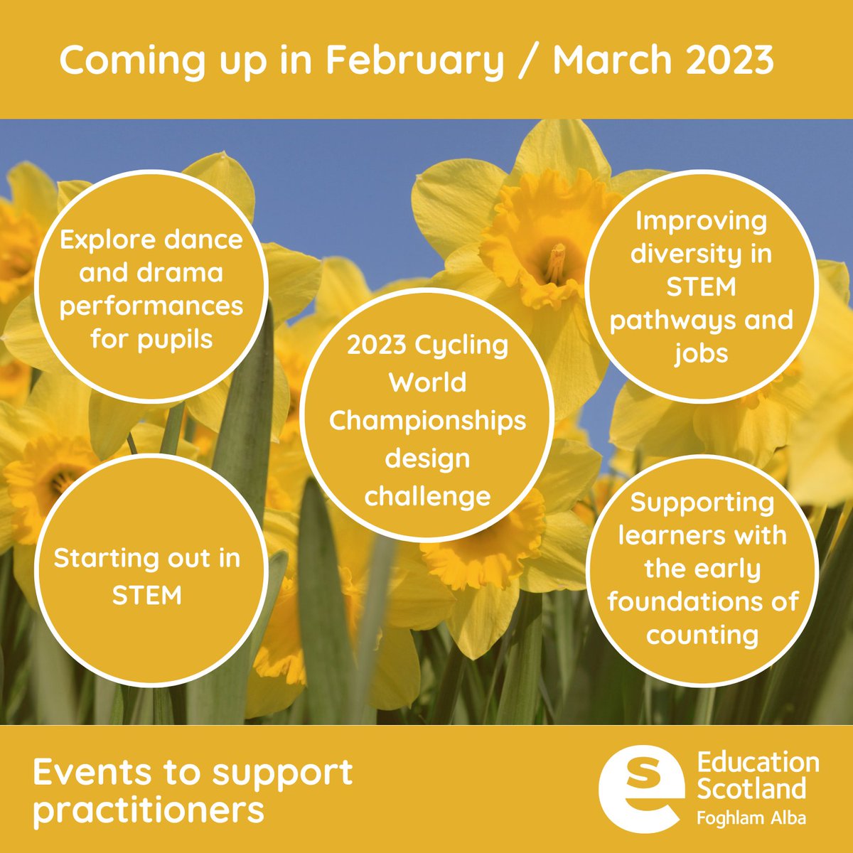 EducationScot's tweet photo. Looking for professional learning events in February / March? We've updated our events webpage with new opportunities to help support you in your day-to-day work. From STEM to design, dance and drama, there's something for everyone to enjoy! Find out more: https://t.co/3OcjdNdt8I https://t.co/QC7Z5woO0H