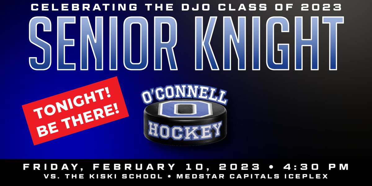 TONIGHT, O'Connell Hockey bids farewell to the Class of 2023!  Join us at <a href="/MedStarIceplex/">MedStar Capitals Iceplex</a> as the Knights take on The Kiski School in the final regular season home game for our Seniors! The festivities get underway at 4:30 PM!  #weareDJO #Kn1ghtsWay <a href="/OConnellHS/">Bishop O'Connell High School</a>  <a href="/DJOathletics/">Bishop O'Connell Athletics</a>