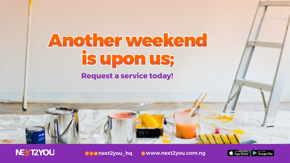 Next2you_hq's tweet photo. TGIF....... 

Request a service today! 

@next2you_hq is the easiest way to request a professional for all your home and office needs. 

#cleaning #painting #plumbing #carpentry #interior #laundry #fumigation 
.
.
.
.
.
.
.
.
#tgif #abuja #abujabusiness https://t.co/3SCCK6JCKl