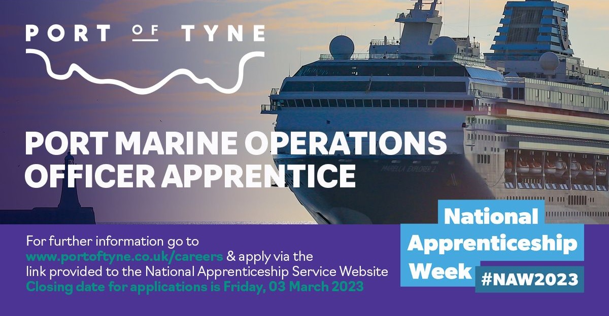 ssmarineschool's tweet photo. In celebration of #NAW2023, @Port_of_Tyne are looking for their second #PMOO Apprentice, in partnership with SSMSl! 🎉
This is a great opportunity to start your journey in all aspects of ports marine operations.
Submit your application by 3rd March:
https://t.co/MnAJXLf9An https://t.co/XADzPBRH79