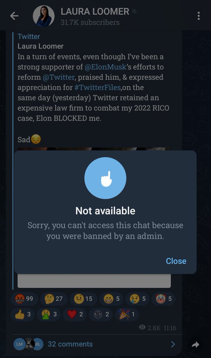 gammasecretking's tweet photo. @LauraLoomer @elonmusk @Twitter In a turn of events, even though I've been a consistent mocker of @LauraLoomer and @elonmusk Freeze Peach Grift, and have expressed apathy for the #TwitterFiles bullshit, I have been BLOCKED from Laura's Telegram chat for some time.

Sad😔 https://t.co/XvWOtKQMoJ