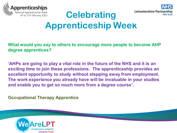 Celebrating Apprenticeship Week <a href="/AlisonOD_LPT/">Alison O'Donnell</a> <a href="/stephanier_o/">Stephanie O'Connell</a> <a href="/SueWyburn/">Sue Wyburn</a> <a href="/rennie1d/">Deanne Rennie</a> <a href="/ClaireTurvey/">Claire Turvey</a> <a href="/Sam87397248/">Sam Branston</a> <a href="/AHPs_LLR/">LLR Allied Health Professionals</a>  #nationalapprenticeshipweek #nhscareers