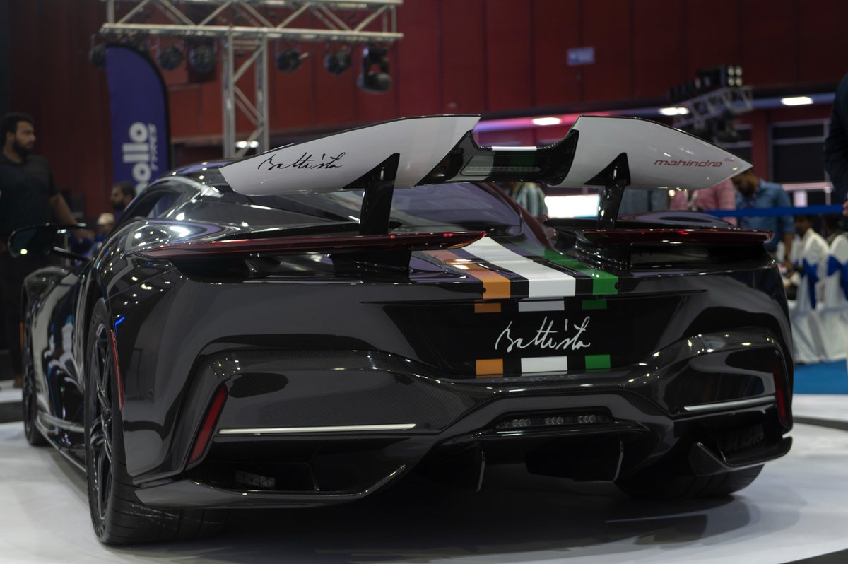 MahindraRise's tweet photo. The beast has arrived!

The Mahindra owned EV Hyper-Car, @AutomobiliPinin  #Battista, makes an entrance in India at the #HyderabadEMotorShow2023. It's broken records globally &amp; is ready to set new benchmarks in India. We're thrilled to present this icon as we #RiseToBeFutureReady https://t.co/r4RCGMpMfd