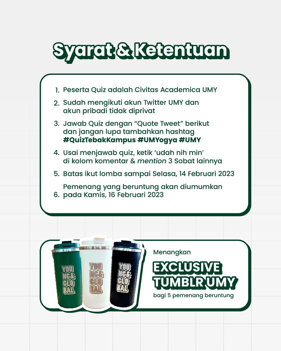 UMYogya's tweet photo. Halo Sob👋

Sembari menikmati hujan malam ini, yuk ikuti #QuizTebakKampus yang ga kalah seru. Jangan lewatkan syarat dan ketentuannya yaa😉

SELAMAT MENCOBA!

#InfoUMY #UMY #UMYogya #MahasiswaUMY #SobatMudaMendunia https://t.co/xiaRPFSSxI