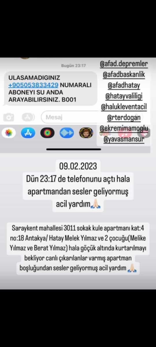 10 Subat guncel bilgiii lütfen apartmandan sesle geliyormuş, günler sonra telefon acildi..... ACİL YARDIM...
#deprem #AFADhatay #hataydepremi #hatayantakya #ahbaphatay #AhbapDernegi #afadantakya