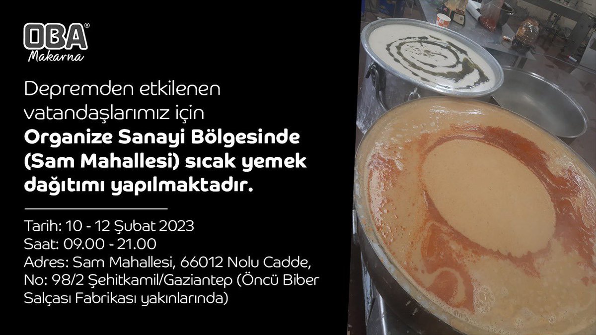 obamakarna's tweet photo. Depremden etkilenen ihtiyaç sahipleri için organize sanayi bölgesinde (Sam Mahallesi) sıcak yemek dağıtımı yapılmaktadır. Tüm vatandaşlarımızı bekleriz.

📍Sam Mahallesi, 66012 Nolu Cadde, No: 98/2
 Şehitkamil/Gaziantep 

@GundemiAntep27 @gantepvaliligi https://t.co/DRisFMmKKD