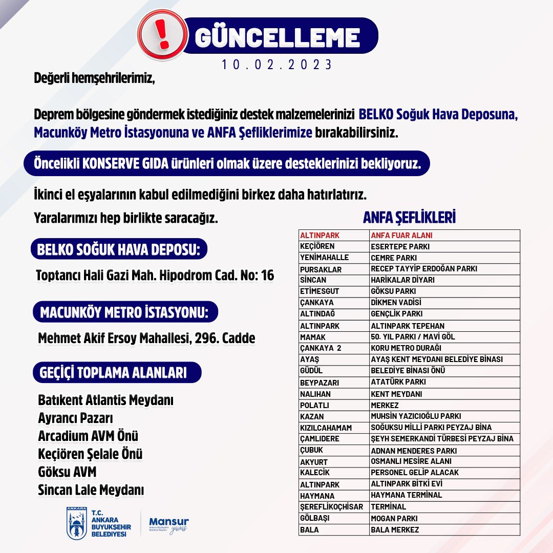 SİNCAN LALE VE GÖKSU AVM AKTİF
Öncelik lütfen konserve gıda ürünlerine... Ankara, destek malzemeleriyle dolu 500'den fazla TIR ve kamyonu deprem bölgelerine ulaştırdı. Yeni destek noktaları: