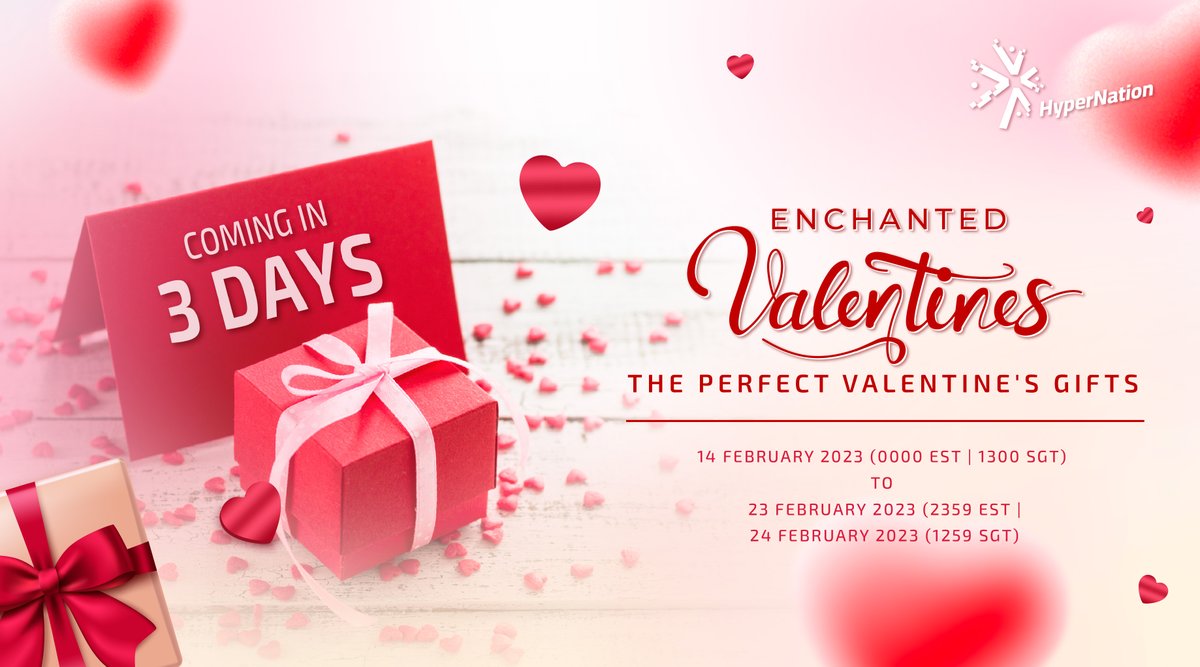 HyperNation8's tweet photo. 🌹Enchanted Valentines🌹
💝3 Days left as we embrace the Season of Love💝

🗓Mark your Calendar 🍫
14/02/2023 (00:00 EST)🕛
14/02/2023 (1300 SGT) 🕐
to
23/02/2023 (23:59 EST) 🕛
24/02/2023 (12:59 SGT) 🕐

Check here 🔽
❤️ https://t.co/PEMmSzXmi0 ❤️ https://t.co/7BbtHnk8g2
