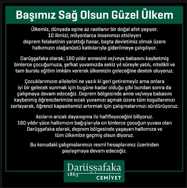 erknoncn's tweet photo. Darüşşafaka, depremde ailelerini kaybeden çocuklar için ek kontenjan açılacağını duyurdu. Daçka'mız 160 yıldır annesini ve/veya babasını kaybetmiş çocuklara eğitim sağlıyor, ben de o çocuklardan biriyim. 

Olabildiğince çok evladımızın bundan yararlanması çok önemli. https://t.co/Y4gTkCSLHf