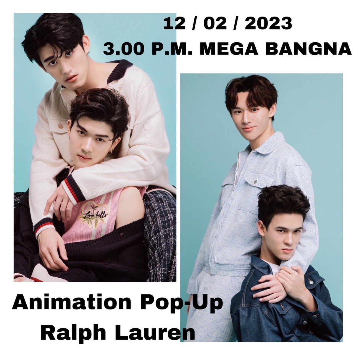 วันอาทิตย์​ที่12นี้ บูม, จั๊​มพ์​, คริส​ และ​ปอร์เช่​ จะไปร่วมงาน Animation Pop-Up ของแบรนด์ Ralph Lauren กับน้ำหอมกลิ่น​ใหม่ Ralph's Club.
พบกัน 15.00น ที่ Ralph’s Club Pop-Up ชั้น 1 หน้าแผนกบิวตี้แกเลอรีเซนทรัล @ เมกาบางนา นะคะ