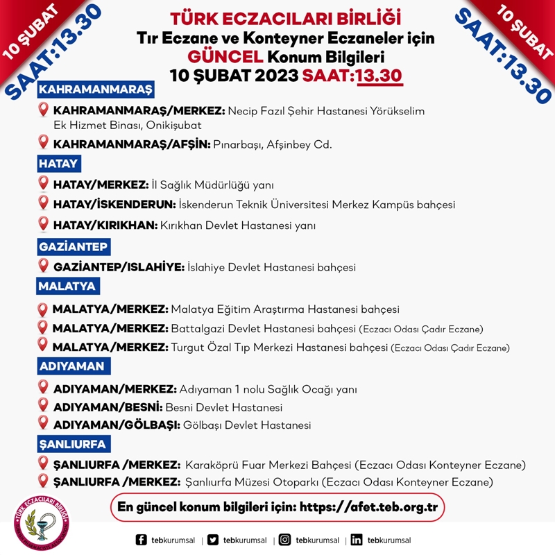 ist_eczaciodasi's tweet photo. Depremzede vatandaşlarımızın ilaç ve tıbbi malzeme temini için Türk Eczacıları Birliği tarafından bölgeye gönderilmiş olan TIR ECZANENİN ve KONTEYNER ECZANELERİN konum bilgileri https://t.co/SeFrRryUrN