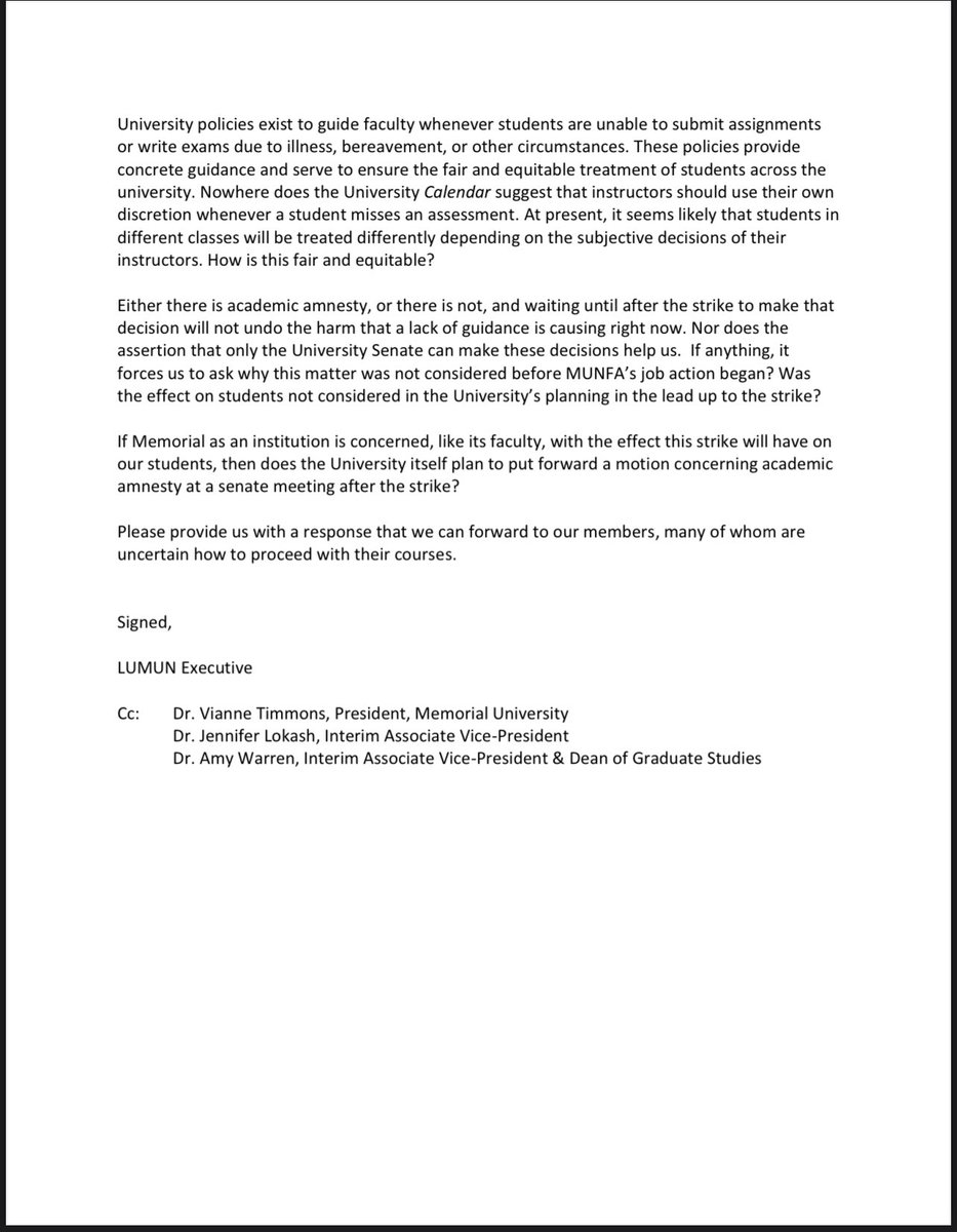 Today <a href="/LUMUN_NL/">LUMUN</a> asked <a href="/MemorialU/">Memorial University</a> for clarity about academic amnesty for <a href="/MUNSU35/">MUNSU</a> There is a lot of confusion about it &amp; it’s mid-term time. #FairDealAtMUN #FairDealAtMUNL