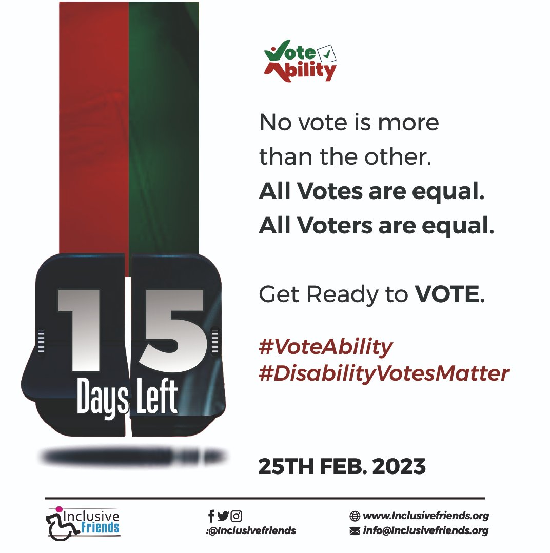 inclusivefrnds's tweet photo. We are 15 days to #NigeriaDecides2023. No vote is more important than another; all votes and voters are equal.
Get Ready_to_VOTE!
#VoteAbility
#DisabilityVotesMatter
Arise TV | EFCC | Benin | ASSU | Rivers | Japa https://t.co/9ZCW0CSk56