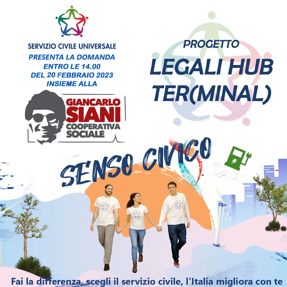 PROROGATO ALLE 14.00 DEL 20 FEBBRAIO 2023 il termine per presentare la domanda per il #serviziocivileuniversale con la #CoopSiani Progetto LEGALI HUB – TER(MINAL) - Codice: PTXSU0004222013613NMTX INFO: bit.ly/3RNXbS5