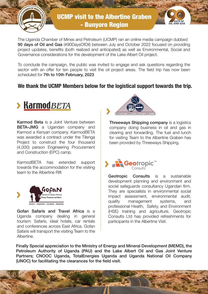 UgandaChamber's tweet photo. We concluded our #UCMPVisit for 10 participants from the #90DaysOfOil draw!
Thank you @PAU_Uganda @UNOC_UG @TotalEnergiesUG @CNOOCUgandaLtd
Special appreciation also to our members @GofanSafaris @KarmodBeta @GeotropicC & THREEWAYS Shipping for the logistical support! https://t.co/5vNVekOy1l