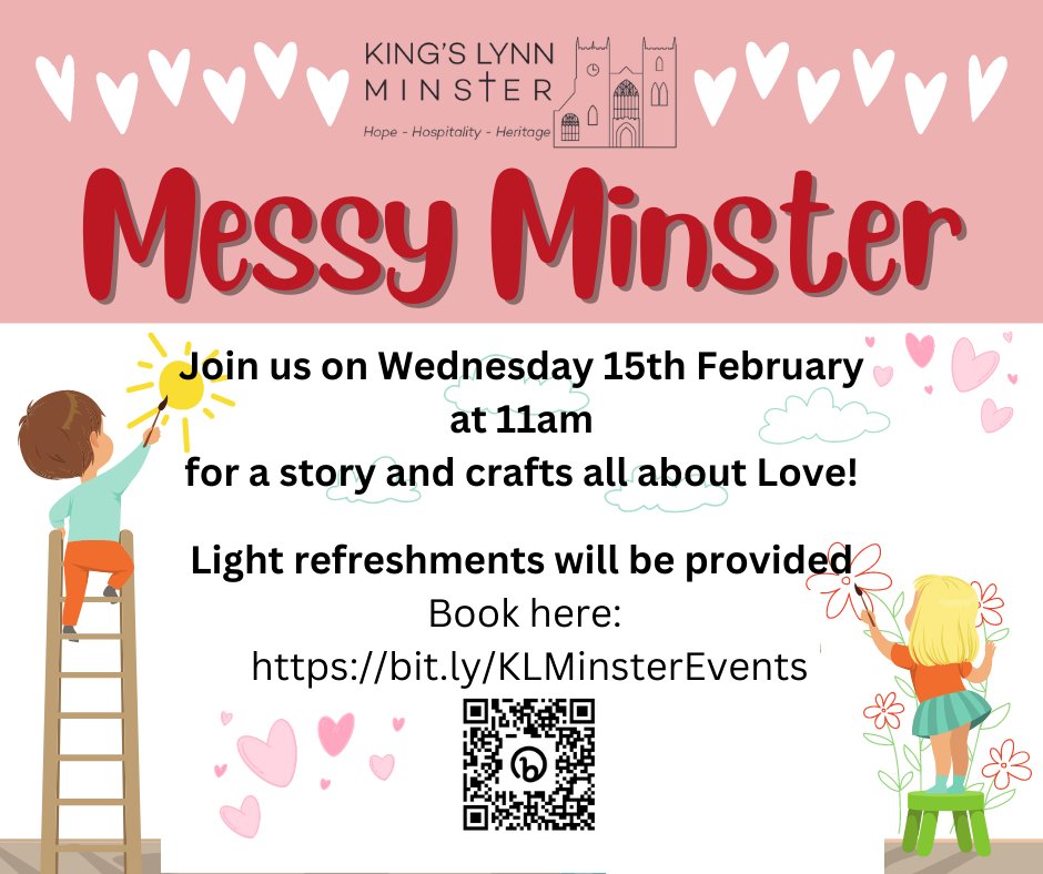 The next Messy Minster session is on Wednesday 15th February at 11am. Join us to explore Love and Stories with fun crafts! 💖

📚We will have books for sale, including a children's book stall by RSPCA West Norfolk.

Book for Messy Minster here: bit.ly/KLMinsterEvents