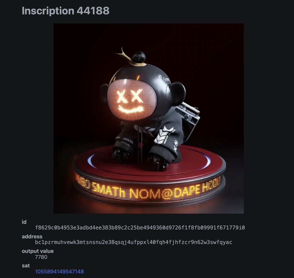 Ordinal Noma 🔺🫡
We are golden forever ⭐️ #BTC

ordinals.com/inscription/f8…

#OrdinalNFT #Ordinals #BitcoinNFT #WeAreSMATY #스마스월드 #노마 #onchain #한국조폐공사 #nomadape