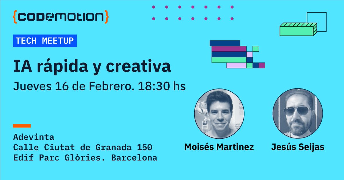 CodemoMadrid's tweet photo. En nuestro próximo #MeetupCodemotion de Barcelona, vamos a mostrar todo el potencial de la #IA. 2 ponentes de primer nivel como @jseijasdev y @moisipm nos acompañarán en este evento.🤩
🗓️ Jueves 16 de Febrero. 18:30 hs 👉https://t.co/nm1Vf4oivY https://t.co/BKvIN7RCB6