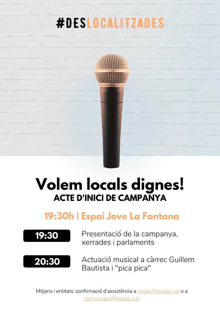 Això és avui ‼️

Des de Deslocalitzades busquem locals dignes i exigim que compleixin les condicions necessàries per fer esplai 🏚️

Avui, 10 de gener, us esperem a les 19:30 a la sala d'actes de l'<a href="/EjLaFontana/">Espai Jove La Fontana</a> ✊

👉 Lectura de manifestos + actuació musical i "pica-pica".