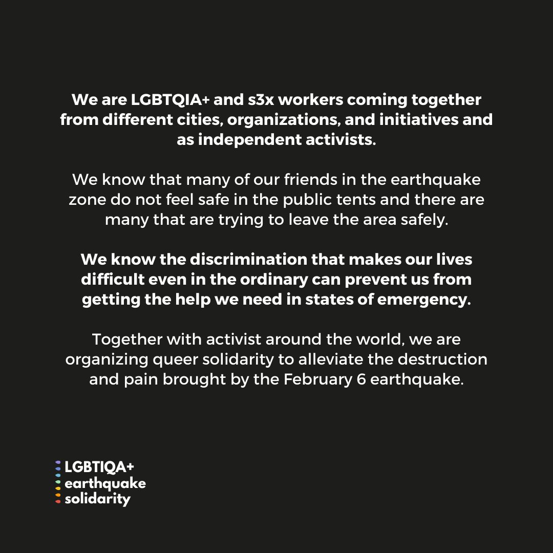 If you are a s3x worker, LGBTQIA+ or relative that was affected by the earthquake, you can add your needs and contact information to the form below and request support from us or just let us know your current status.

bit.ly/lgbtideprem