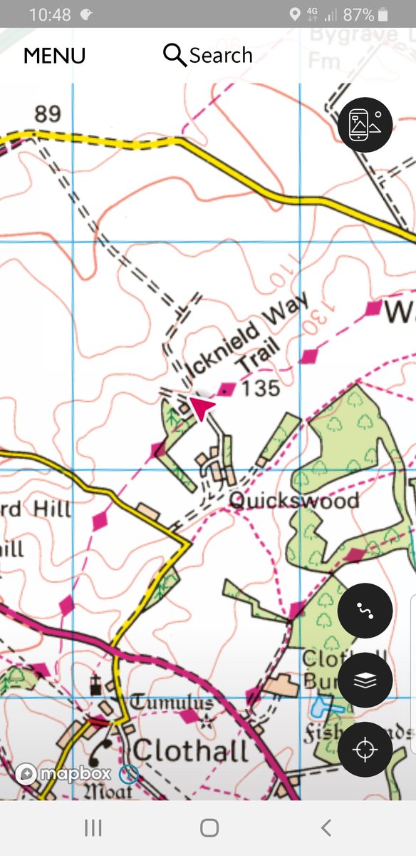 Woodlark in fields by Icknield Way at Quickswood (near Baldock, Herts) ; by red arrow on map.