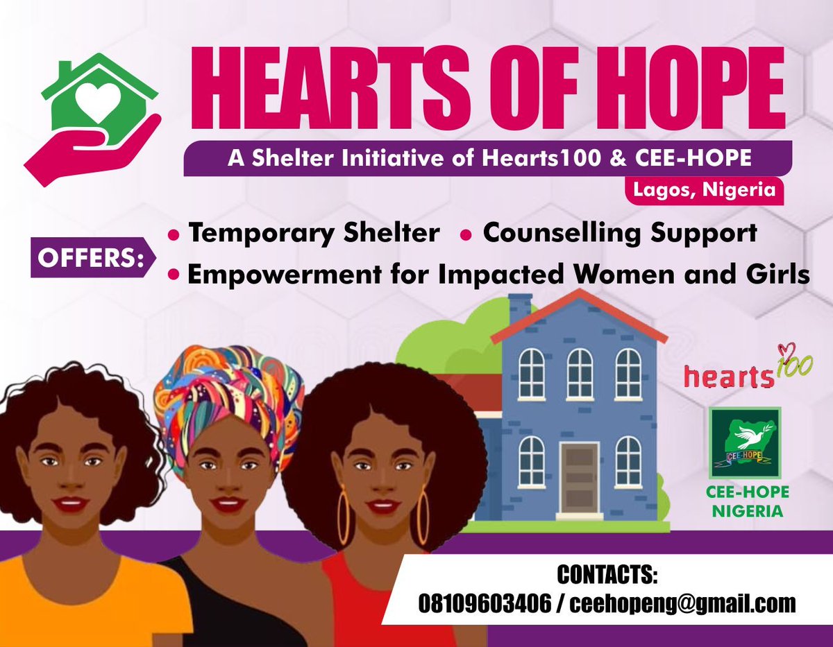 Are you a female impacted by any form of #GenderBasedViolence & in need of a temporary shelter? Talk to us today, we may be able to help. ❤

Cc: @HeartsNigeria #Hearts100 
#enddomesticabuse #endabuse #placeofrefuge #womenshelter #leavetolive #rejuvenate
@EstherIjewere @bettyabah
