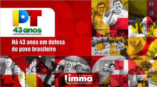 limmapiaui's tweet photo. Há 43 anos nascia o Partido dos Trabalhadores (PT) ⭐, movido pelo desejo de lideranças sindicais, intelectuais, artistas e militantes políticos, o maior partido político do Brasil.
#PT #PT43Anos #Limma #LimmaPiauí https://t.co/ll4RCEy3zd