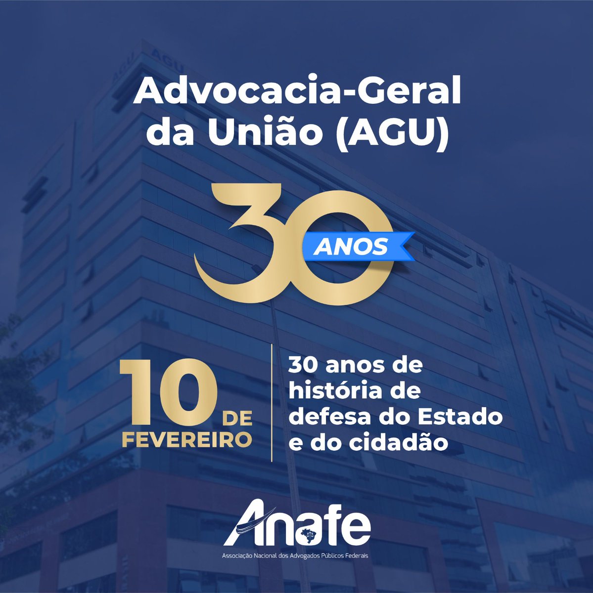 A ANAFE parabeniza a Advocacia-Geral da União e os advogados da união pelos 30 anos de existência. Temos a honra de ser a única associação que representa as quatro carreiras da advocacia pública federal. Parabéns AGU!