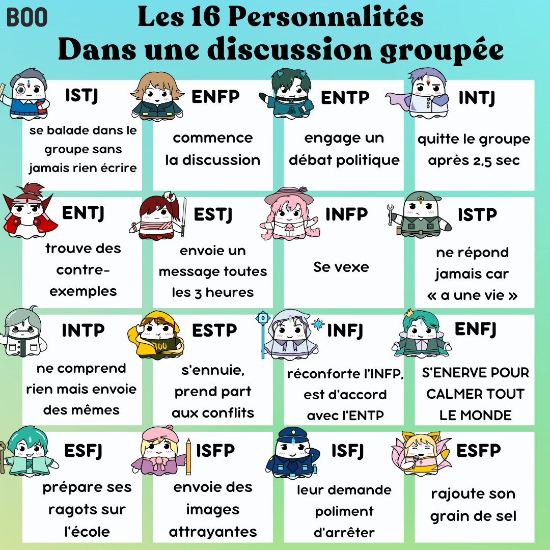 Boo_France's tweet photo. Les 16 personnalités dans une conversation de groupe 😭 C'est réel !

#istj #enfp #entp #intj #entj #estj #infp #istp #intp #estp #infj #enfj #esfj #isfp #isfj #esfp #discussion #conversation #communiquer #communication #groupe #messages #booapp #booworld #boofrance https://t.co/JMKKmyRY3i