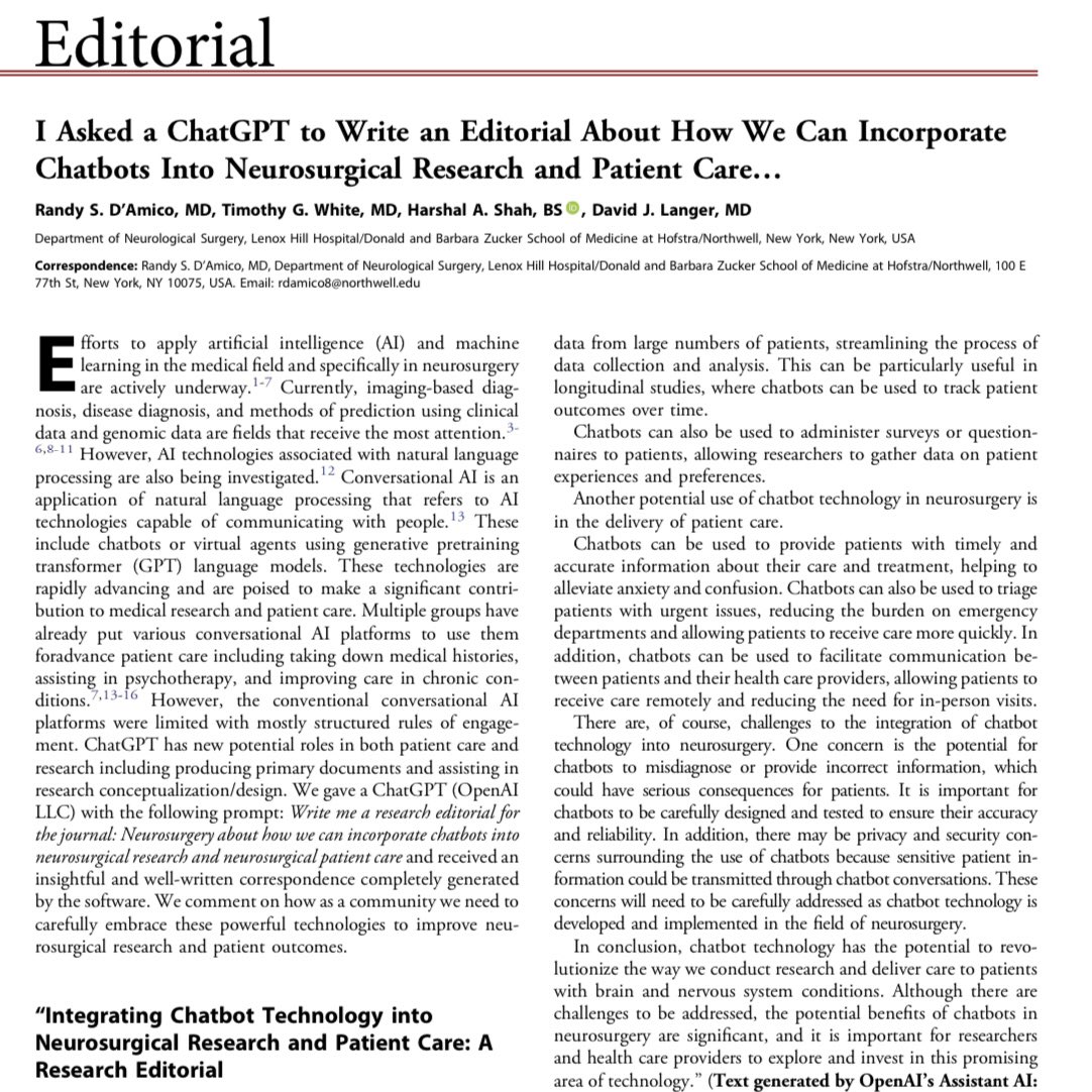 When human expertise meets AI power, amazing things happen! <a href="/LenoxNeurosurg/">Lenox Hill Neurosurgery</a> collaboration with ChatGPT is revolutionizing neurosurgical research and patient care 💪💻 🧠 out now in the journal: Neurosurgery 
#neurosurgery #ChatGPT #AI #openai